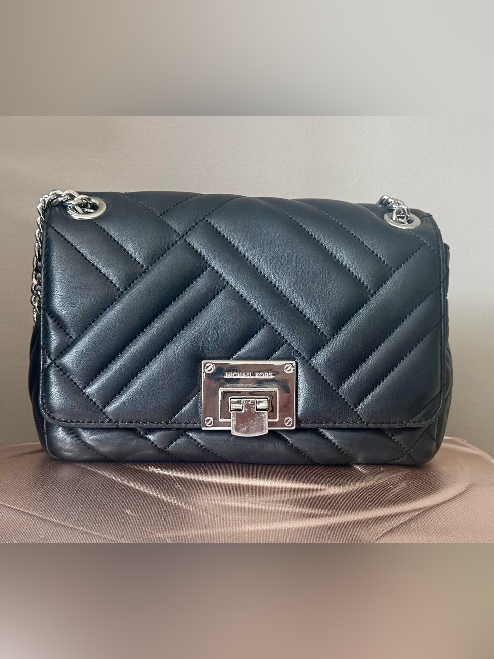 Michael Kors Black Quilted Leather Shoulder Bag with Silver Hardware